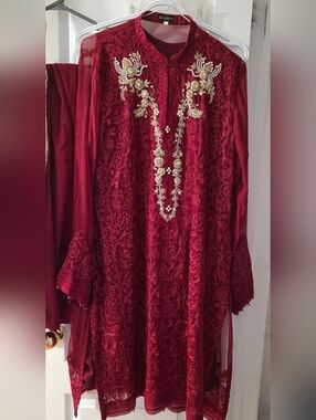 Embroidered Maroon Formal Kurta with Gold Bead Embellishment